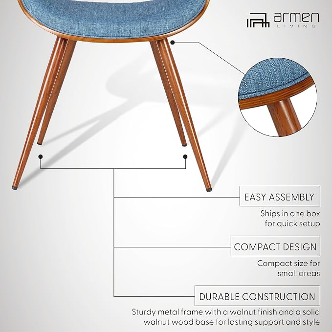Armen Living Butterfly Mid-Century Dining Chair in Walnut Finish and Blue Fabric