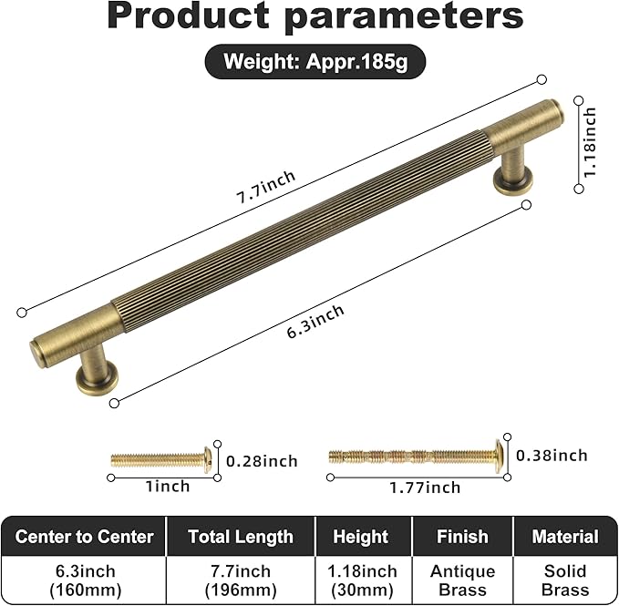 Antique Brass Cabinet Pulls, 6-3/10 Inch Solid Brass Dresser Drawer Handles, Modern Furniture Hardware Door Pulls for Cupborard Wardrobe Closet Vanity
