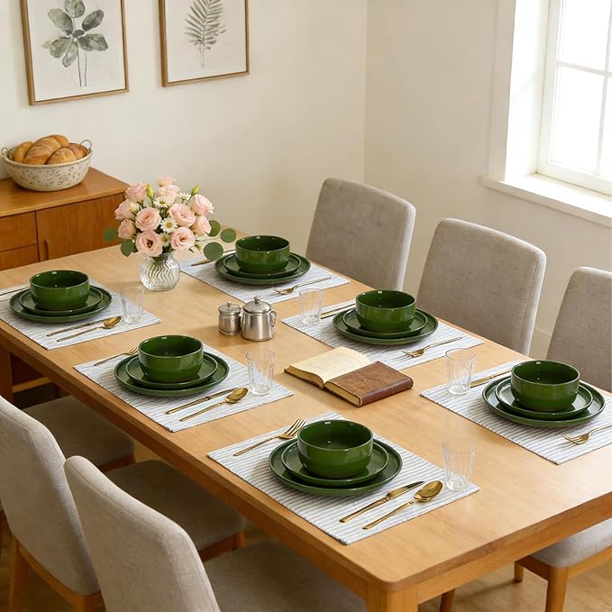 GZG Modern Art Series - 12 Pcs Speckled Stoneware Plates and Bowls Sets, Ceramic Dinnerware Set with Rustic Terracotta Underside, Microwave and Dishwasher Safe Handcrafted Dishes Set - Verdant Green