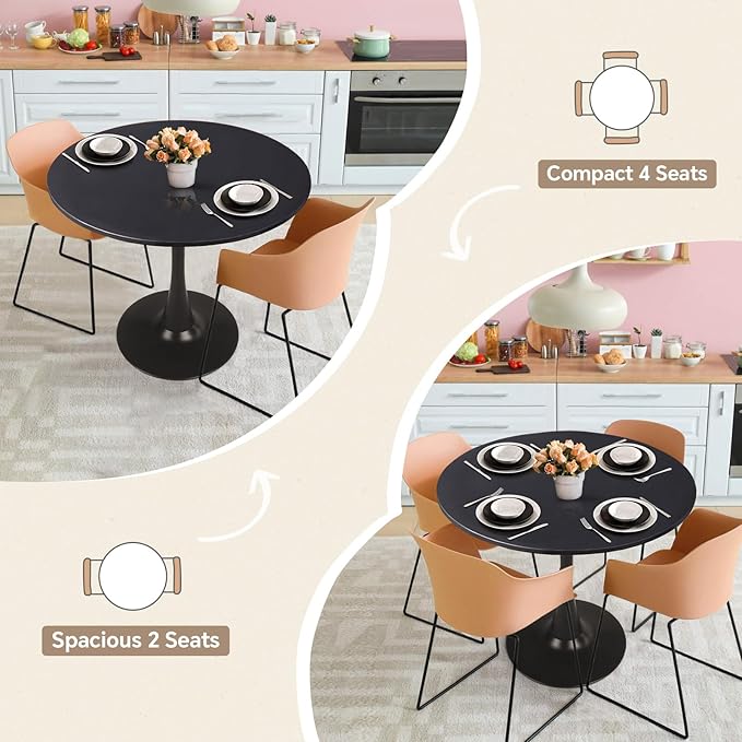 Round Dining Table 31.5" Black Tulip Table with Pedestal Base for 2-4 People Small Space - Kitchen Living Room Cafe