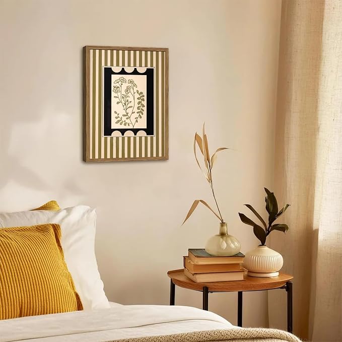 Vintage Boho Floral Wall Art Modern Botanical Flower Wall Decor Painting, Mid Century Plant Striped Poster Canvas Print Picture for Living Room Bedroom 12x16 inch Wood Framed
