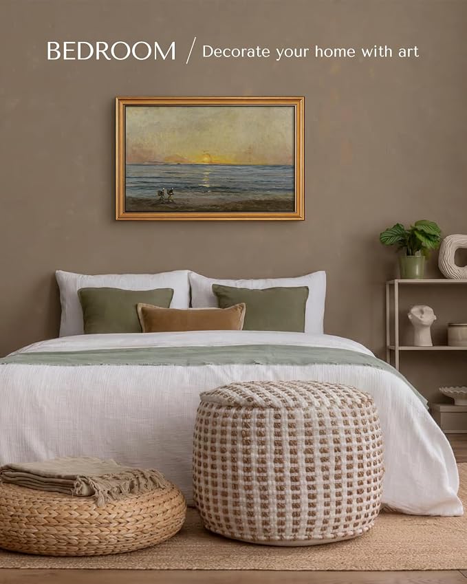 HUARCEY Gold Framed Vintage Wall Art for Living Room, Landscape Painting Prints Shelf Decor for Kitchen, Aesthetic Bedroom Wall Art, Best Gifts for Friends or Family - Ocean Sunrise 24L x 16W