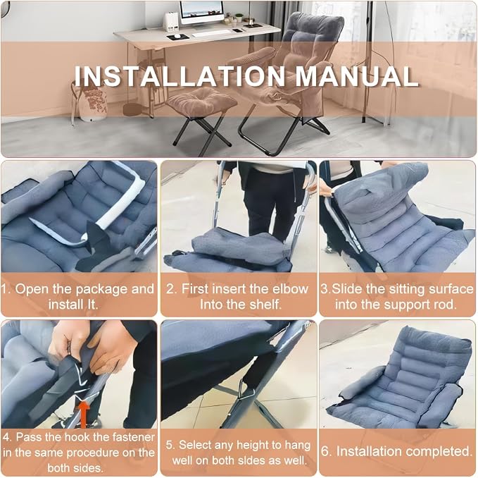 Lazy Chair with Ottoman, Folding Lounge Reclining Sofa Chair with Armrest Modern Comfy Lounge Chair with Side Pocket Leisure Chair for Bedroom, Living Room, Office, and Balcony, Grey