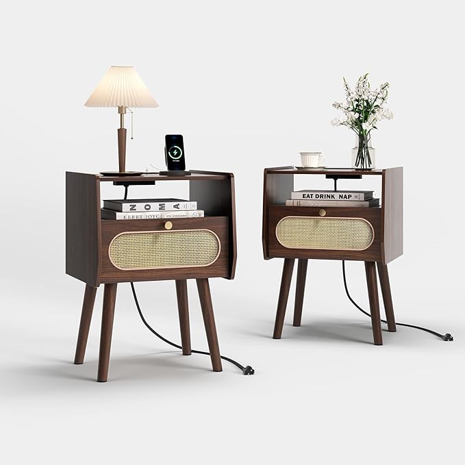 Nightstands Set of 2, Rattan Night Stand set 2 with Charging Station, Mid Century Modern Bedside Table with Drawer, Boho End Table with Solid Wood Legs, Bed Side Table for Bedroom, Small Space, Walnut