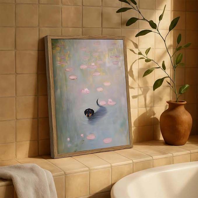 Funny Black Dog Wall Art Cute Dachshund in Water Wall Decor Picture Vintage Animal Swimming with Monet Waterlily Canvas Painting Print for Bedroom Living Room 12x16 inch Wood Framed