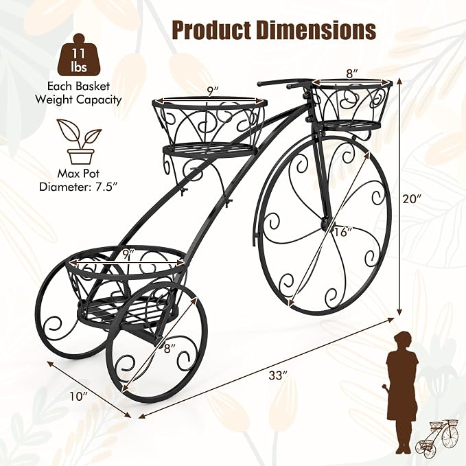 Giantex Metal Bicycle Planter, 3 Tier Tricycle Flower Plant Stand w/ 3 Decorative Wheels, Parisian Style Flower Display Stand Cart for Home Decor Patio Garden Flower Shop Indoor Outdoor