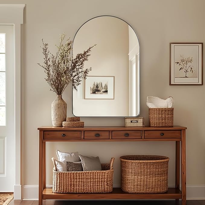 ANDY STAR Arched Mirror, 20 x 28 Inch Brushed Nickel Wall Mirror in Stainless Steel Metal Frame, Arch Top Rounded Corner 1 Inch Deep Set Design Wall Mount Hangs Vertical