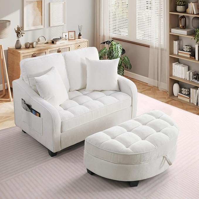 Oversized Chaise Lounge Chair Indoor with Ottoman, Chenille Tufted Comfy Loveseat Sofa Chair with Adjustable Backrest, Fluffy Recliner Sofa, Convertible Sleeper Couch Bed for Living Room(51"W, Beige)