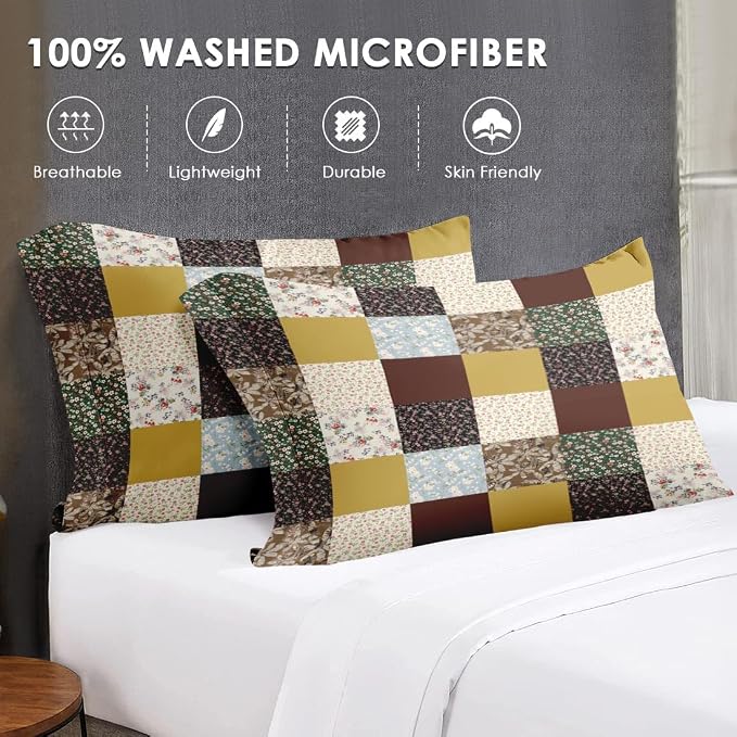 WeCozy 7 Pcs Queen Size Comforter Set with 2 Pillowcases & 2 Shams, Vintage Boho Floral Bedding for Kids and Adults, Blossom Flower Patchwork Bed in a Bag with Flat Fitted Sheet