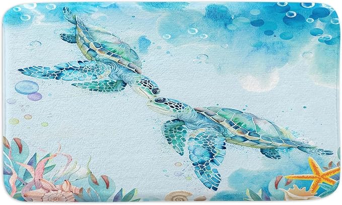 DYNH Sea Turtle Bathroom Rug, Tropical Marine Animals Blue Ocean Underwater Seashell Nautical Beach Non-Slip Floor Mat for Kitchen, 16x24IN