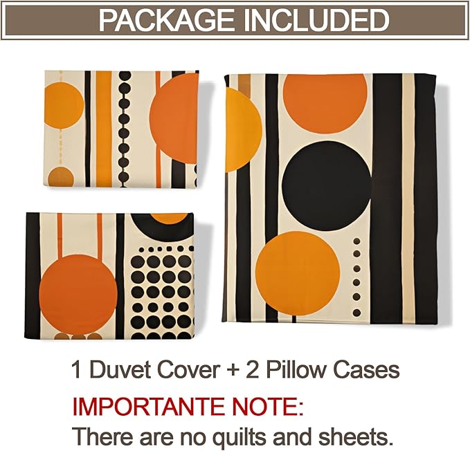Retro Middle Ages Duvet Cover King Size, Orange Geometric Art Bedding Set 3 Piece Bedroom Decor Modern Stripes Patterned Comforter Cover with Zipper Ties & 2 Pillowcases