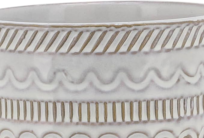 Embossed Ceramic Planters with Wood Stand for Flower Pots Home Decor Pots for Entryway, Tabletop, and Garden - Small Raised Container with Stand for Indoor and Outdoor Plants - 8", Ivory & Tan