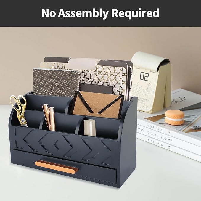 Wooden Desk Organizer Mail Organizer Countertop, Desktop Organizer Mail Sorter Mail Holder Bill Organizer for Desk, Desk Organizers and Accessories for Women (Black)