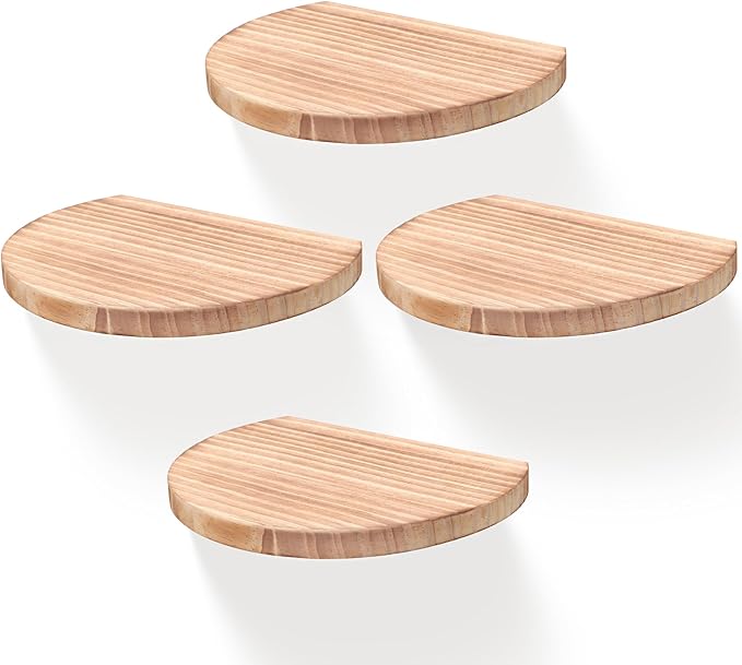 Small Wood Floating Shelves (4-Pack, 8-inch Diameter) - Round Sturdy Invisible Wall Mount Display for Small Plants,Toys,Bathroom,Living Room Storage & Modern Rustic Décor (Carbonized Brown)