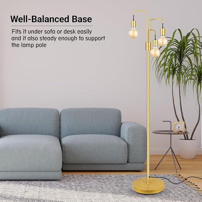 BoostArea Industrial Floor Lamp for Living Room,Gold Modern Standing Lamp Stand Up Lamp with 3 Light, Bulbs Not Included,Simple Design Floor Lamp for Bedroom, Living Room, Office, Kids Room, Reading