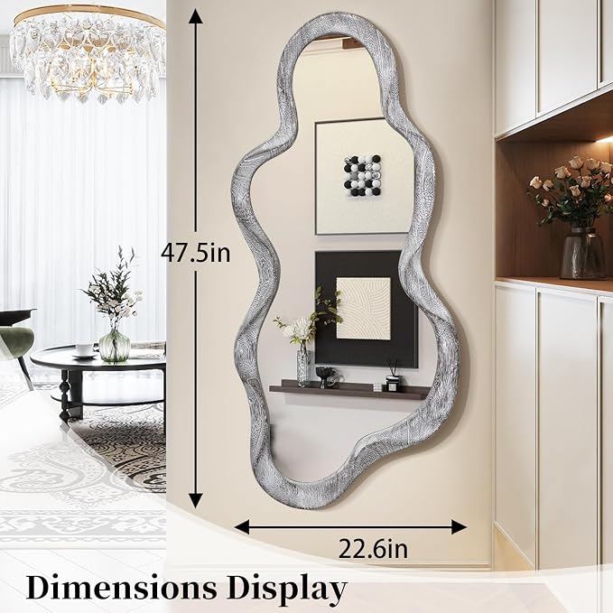 Irregular Wooden Framed Wall Mirror Modern Asymmetrical Unique Hanging Mirror Artistic Unique Cloud Shape Wall Decor Bathroom Vanity Bedroom Living Room Entryway Hallway Large 47" x 22"