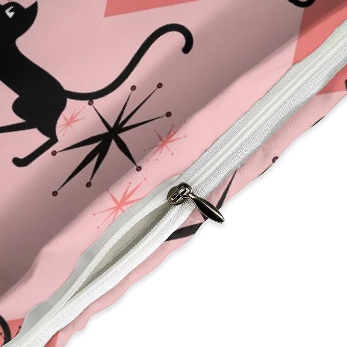 Mid Century Bedding Set,Retro Black Cat 1950s 1960s Abstract Atomic Pink Geometric Pattern Modern Comforter Set with Pillowcase for Bedroom Bed Decor,Twin 86"x70"