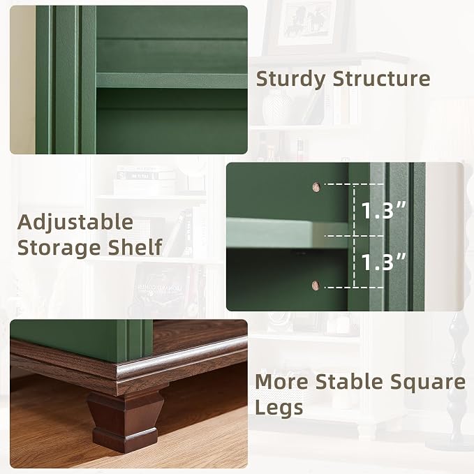 SAVOR LIFE 70" Tall Green Bookshelf,5 Tier Wooden Book Shelf with Adjustable Shelves & Wood Legs,Free Standing Farmhouse Bookcase with Open Display Storage,Vintage Bookshelves for Library, 2PCS