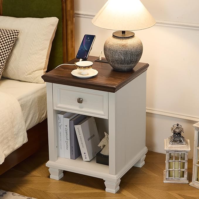 Farmhouse End Tables Living Room with Drawer, Rustic Wood Nightstand with Charging Station, Bedside Table with Open Shelf for Bed Room, Living Room, White