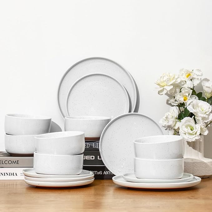 GZG Modern Art Series - 24 Pcs Speckled Stoneware Plates and Bowls Sets, Ceramic Dinnerware Set with Rustic Terracotta Underside, Microwave and Dishwasher Safe Handcrafted Dishes Set - Porcelain White