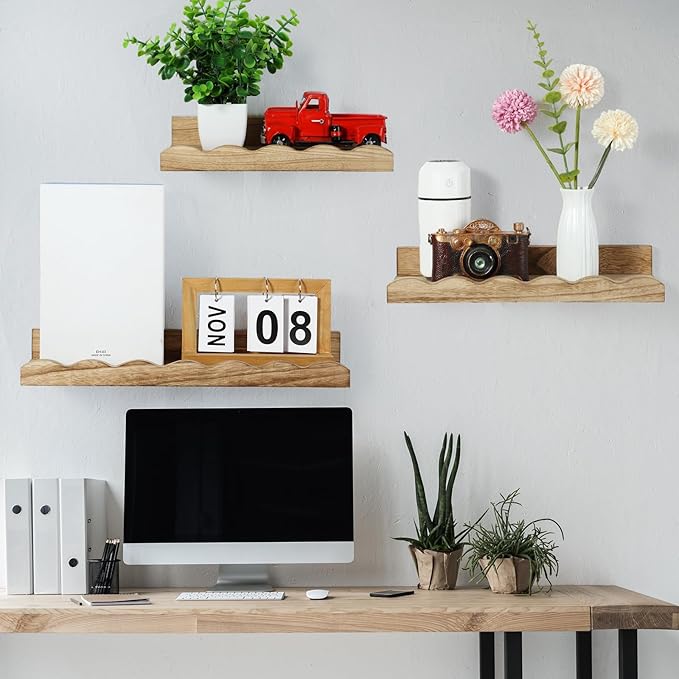 Suzile Set of 4 Floating Nursery Book Shelves for Wall Wood Floating Bookshelves Picture Small Ledge Shelf for Wall Boys Girls Teen Room Bathroom Bedroom Decor Storage