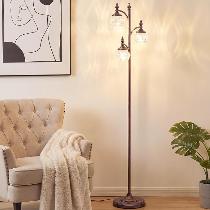 JUNNAI Brown Floor Lamps for Living Room Standing Lamp with 3 Brightness Lights Glass Shade 66.5in Flower Lamp for Bedroom Office Corner(3LED Bulbs Included)