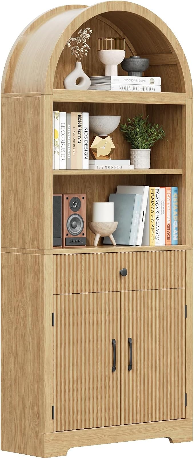 Farmhouse Arched Bookshelf, Mid-Century Modern 5-Tier Curved Cabinet with Door, Wooden Bathroom Storage Cabinet, Kitchen Pantry Cabinet for Living Room, Kitchen,Home Office, Natural