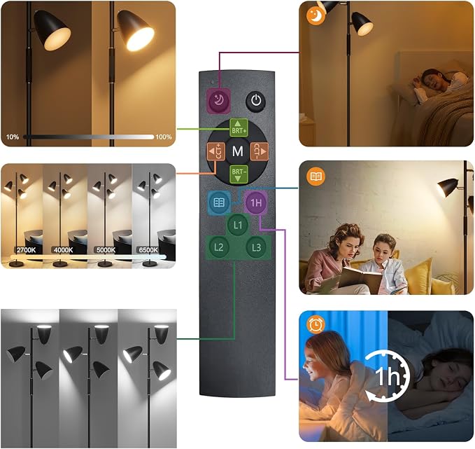QiMH LED Floor Lamp for Living Room, Modern Dimmable Standing Lamp with 4 Color Temperature,Remote and Touch Control, Tree Floor Lamp for Bedroom with 3 Rotatable Lights Bright Stand up Lamp, Black