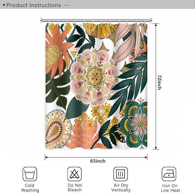 Bohemian Floral Bathroom Boho Abstract Tropical Leaves Flowers Shower Curtain with Hooks, Polyester Waterproof Fabric Paisley Unique Trendy Woman Decor, 65x72 Inch