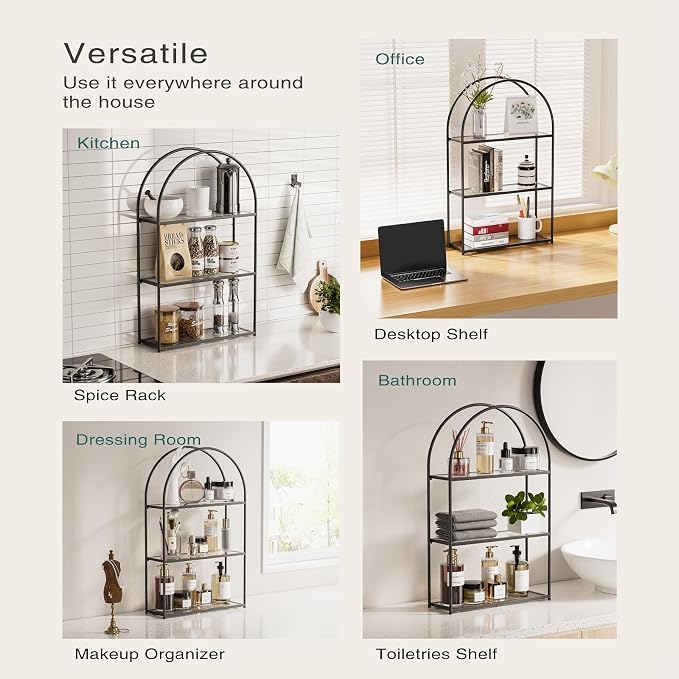 Crofy Black Arched Frame Wall Shelf, Decorative 3 Tier Bathroom Wall Shelf with Transparent Tempered Glass Shelves and Robust Storage Capacity, 5.1" D x 18.1" W x 28.9" H