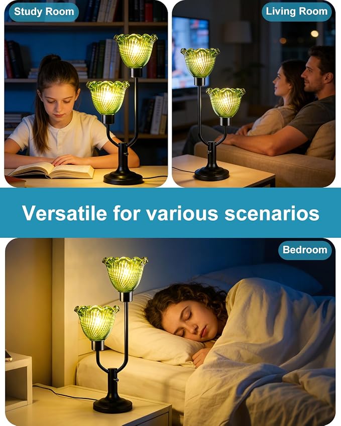 Lightdot Green Glass Flower Table Lamp for Bedroom Dimmable Mid Century Modern Vintage Desk Lamp Black Nightstand Lamp 2 Bulbs Included Warmwhite Ambient Bedside Lamp for Living Room Home Office Decor