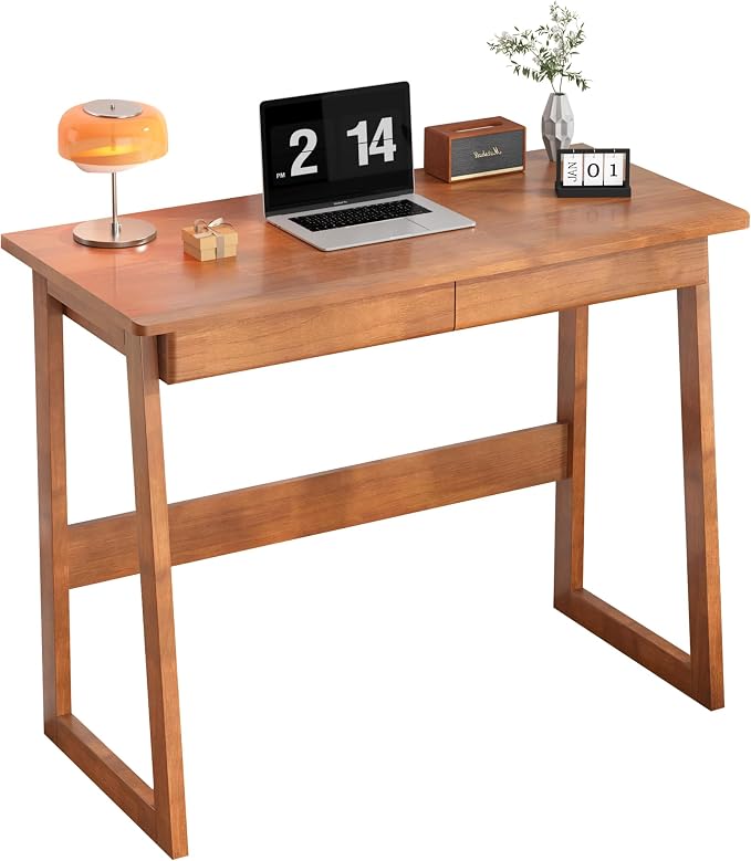 Solid Wood Desk with 2 Drawers, Mid Century Modern Home Office Desk, Vintage Writing Desks for Small Spaces, Walnut Color Computer Desk with Drawers for Study Bedroom Living Room 39.4" W