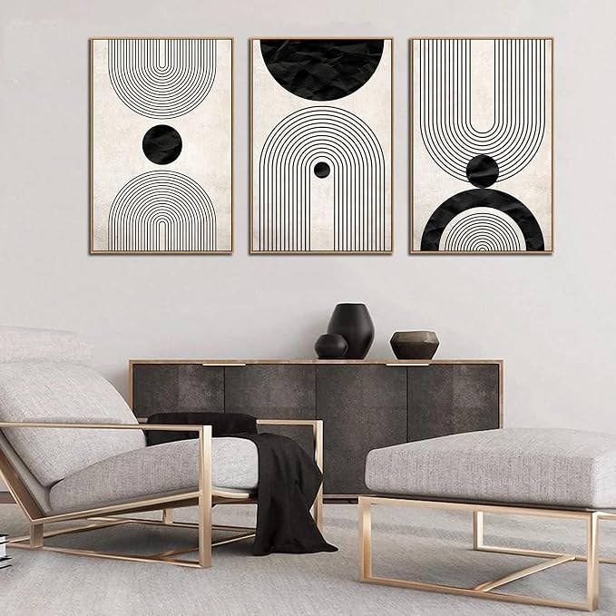 Framed Wall Art Canvas Set Mid Century Boho Pictures Modern Abstract Geometric Wall Decor Minimalist Black Beige Bohemian Canvas Painting Artwork for Living Room Bedroom Office 24"x36"x3 Natural