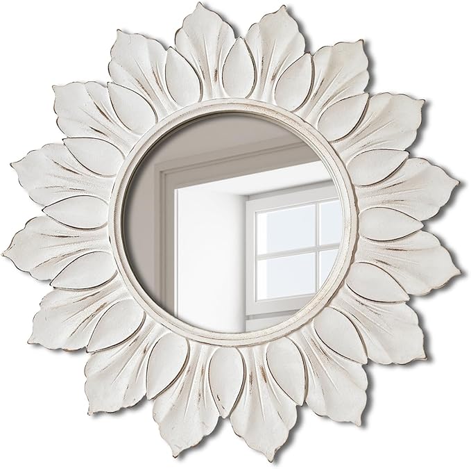 Sunflower Sunburst Wall Mirror, 26" Distressed White Wooden Frame, Handcrafted Petal Floral Design, Vintage Farmhouse Style Mirror for Wall Decor for Living Room, Bedroom, Bathroom, Vanity