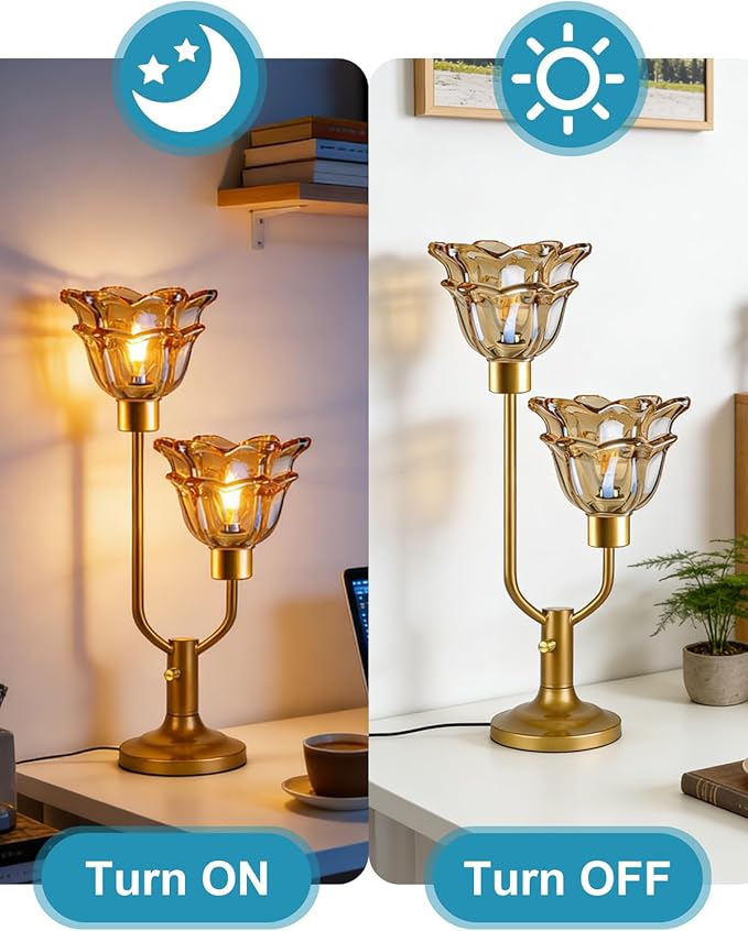 Lightdot Mid Century Modern Flower Table Lamp for Living Room Dimmable Nightstand Lamp Amber Glass Vintage Gold Desk Lamp 2 Bulbs Included Warmwhite Ambient Bedside Lamp for Bedroom Home Office Decor