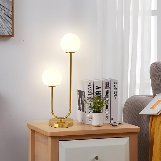 Mid Century Modern Globe Table Lamp Gold U-Shape Glass Table lamp 2-Globe Bedside Lamp with LED G9 Light Source Ideal for Bedroom & Office