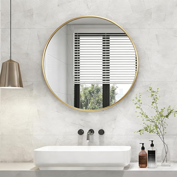 NEWBULIG 36 Inch Round Wall Mirror, Bathroom Mirrors for Over Sink, Matte Metal Framed Circle Vanity Mirror, Wall Decor for Bedroom, Entryway, Anti-Rust, Tempered Glass, Hanging or Leaning, Gold