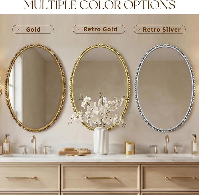 Uniclinens Gold Oval Beaded Mirror Decor - Large Decorative Vintage Oval Mirror for Wall Decor 24"X36" with Metal Frame, Ideal for Entryway, Fireplace, Living Room, Hallway, Bathroom