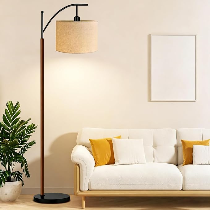 ILLMTW Arc Floor Lamp for Living Room,Bedroom,Vintage Mid Century Modern Standing Lamp with Remote Dimmable,Wood Boho Black Tall Lamp Fabric Lamp Shade Floor Lights Bohemian Tiffany Style