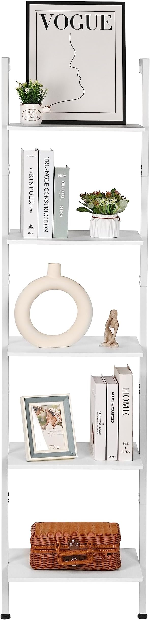 ELYKEN Ladder Shelf, White 5-Tier Wood Wall Mounted Bookshelf with Metal Frame, Modern Open Display Organizer Rack, Leaning Storage Shelves for Living Room, Bedroom, Home Office