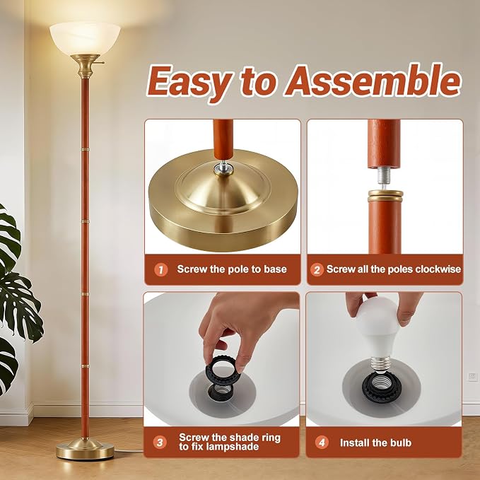 EJIAXIN Wood Floor Lamp for Living Room - Gold Standing Lamp with Glass Shade Torchiere Floor Lamps for Bedroom - Mid Century Modern Corner Tall Lamps for Home Office Nursery Industrial Reading Light