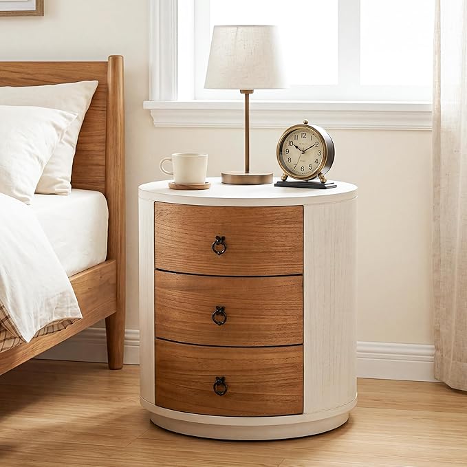 HOMPUS Round 3 Drawer Nightstand Set 2, Farmhouse Chest of Drawers, No Assemble Required, Modern Nightstand Set of 2, Wood Bedside End Tables w Drawers for Bedroom, Brown + White