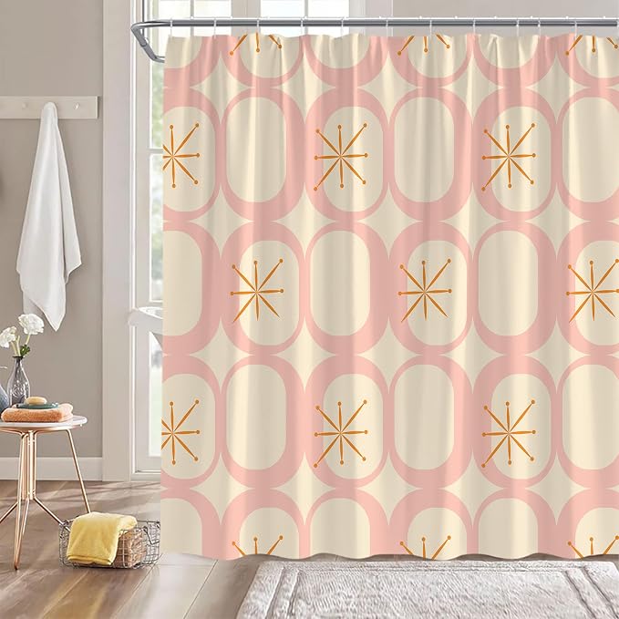 Mid Century Shower Curtain Modern Abstract Atomic Starbursts Squares Retro 50s Geometric Bathroom Decor Polyester Curtains with Hooks