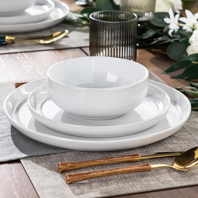 GBHOME 12-Piece Stoneware Dinnerware Set for 4 – Ribbed Ceramic Plates and Bowls, Scratch-Resistant, Microwave & Dishwasher Safe, Reactive Glaze