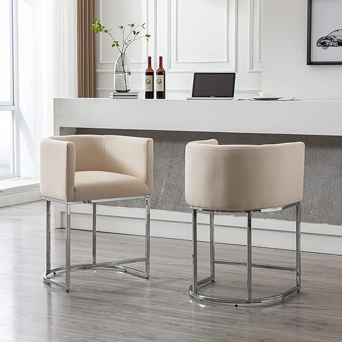 Contemporary Cream Linen Bar Stools Set of 4, 24" Upholstered Fabric Counter Height Barstools Kitchen Counter Island Stools with Screwed Together Chrome Finish Base