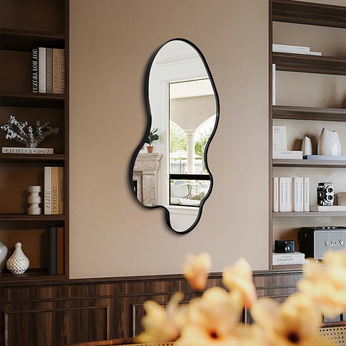 Irregular Mirror, 30"x18" Asymmetrical Mirrors, Black Metal Frame Wall Mirrors Decorative, Modern Odd Shaped Mirror for Living Room Bathroom Bedroom Hallway Entryway Fireplace