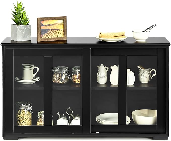 Byroce Sideboard Buffet Cabinet, Stackable Storage Coffee Bar Cabinet with Adjustable Shelf & Glass Sliding Doors, Wood Cupboard Credenza Console Table for Kitchen Dining Living Room (1, Black)