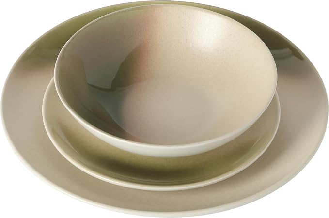 Gibson Elite Crescenton Plates and Bowls Sets, 12-Piece Green Stoneware Dinnerware Sets, Round Reactive Glaze Dish Set