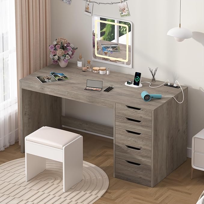 YOMILUVE 47 Inch Computer Desk with 5 Drawers and Power Outlets, Home Office Desks with Storage File Cabinet, Modern Simple Laptop Desk Writing Table for Small Spaces, Grey