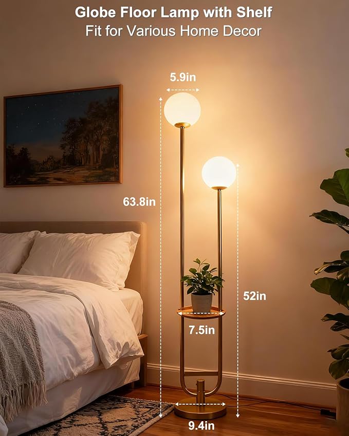 Lightdot 63IN Gold Floor Lamp with Table, 2 Globe Mid Century Standing Lamps with Warm White LED Bulbs, Unique U-Pole Vintage Tall Floor Lamp for Living Room/Wedding/Party/Sofa Beside/Corner Decor